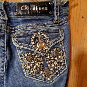 LA IDOL Jeans Sz 1 27x 21 Flap Fleur pocket Bling Dark wash Crop Capri Designer